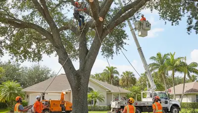 Arborists performing safe tree removal with bucket truck in West Palm Beach FL residential area