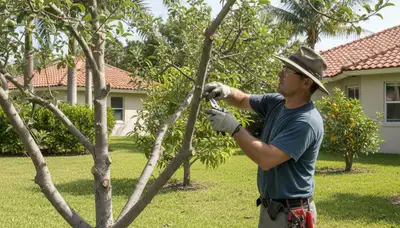 Arborist pruning fruit tree in West Palm Beach FL backyard orchard for Chop Chop Tree service