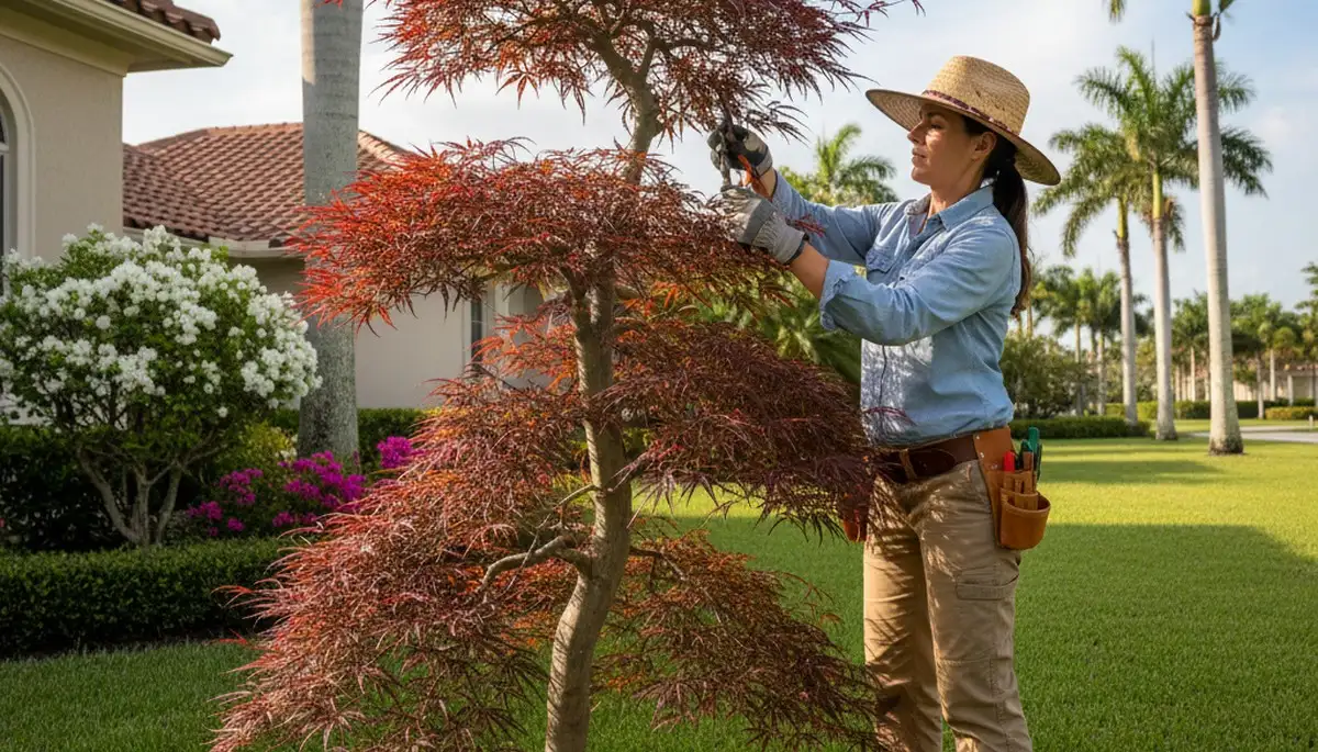 Arborist hand pruning ornamental Japanese maple for refined landscape design in West Palm Beach FL