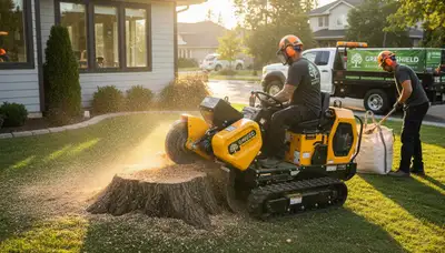 Technician performing stump removal in West Palm Beach FL with professional tree grinding equipment