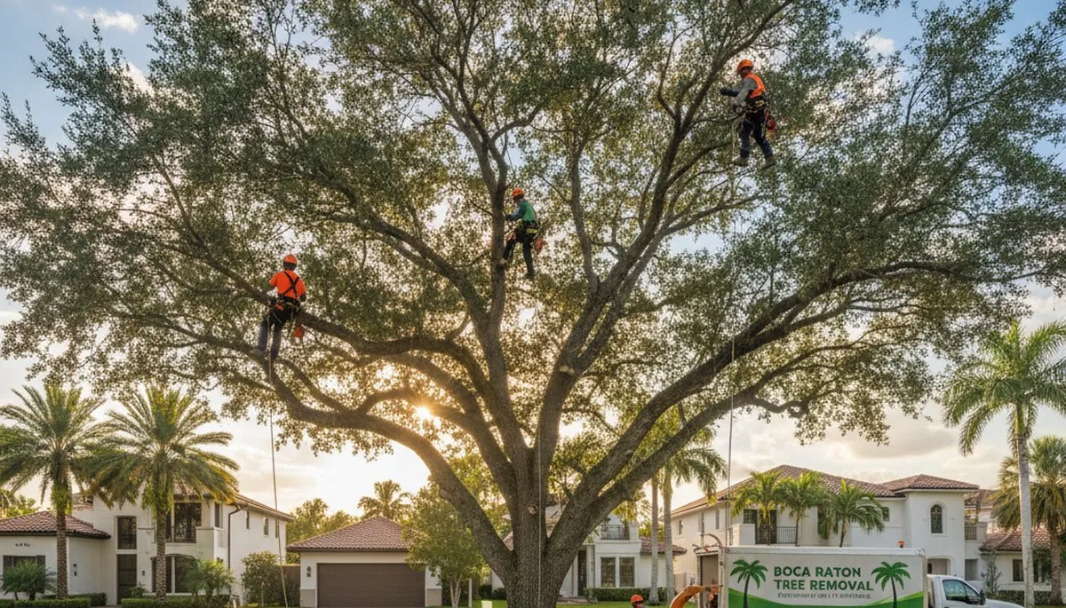Professional tree removal service crew in West Palm Beach FL safely cutting large oak tree
