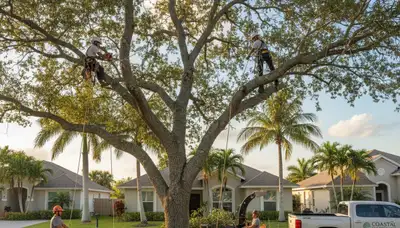 Professional tree removal service team in West Palm Beach FL safely cutting and clearing large tree