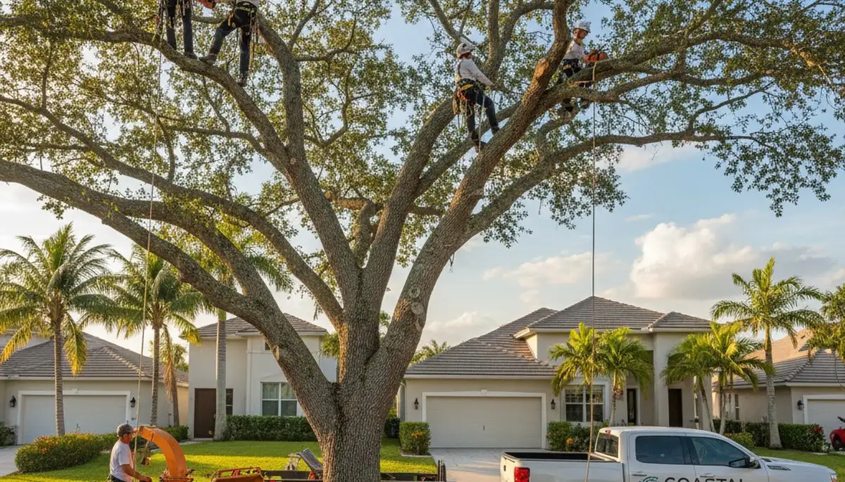 Professional tree removal service in West Palm Beach FL clearing large oak from residential yard