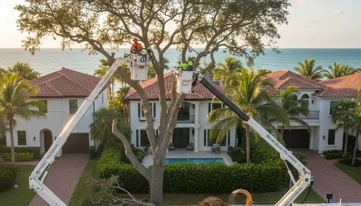 Professional tree removal service in West Palm Beach FL safely cutting large palm trees