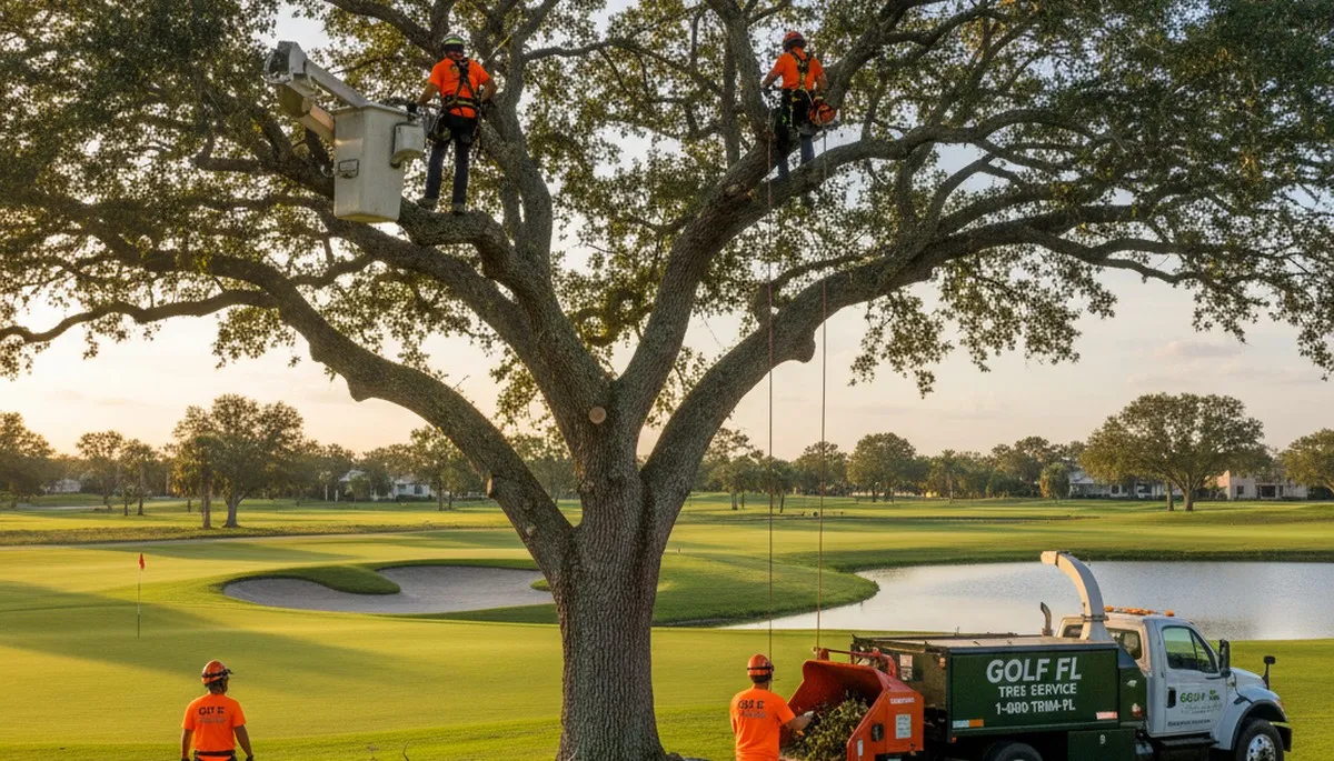 Professional tree removal service in West Palm Beach FL safely cutting large oak tree