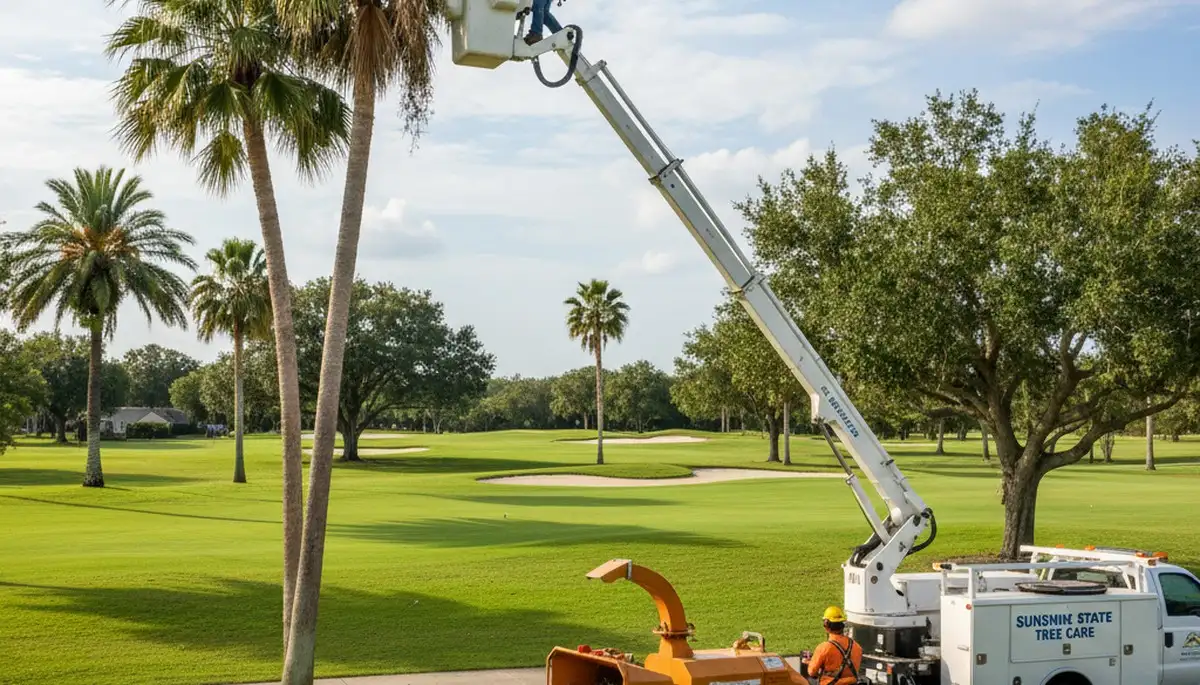 Professional tree removal service in West Palm Beach FL safely cutting and clearing large oak trees
