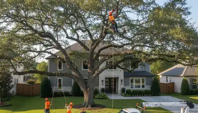 Arborist trimming palm tree in West Palm Beach FL for professional tree care service