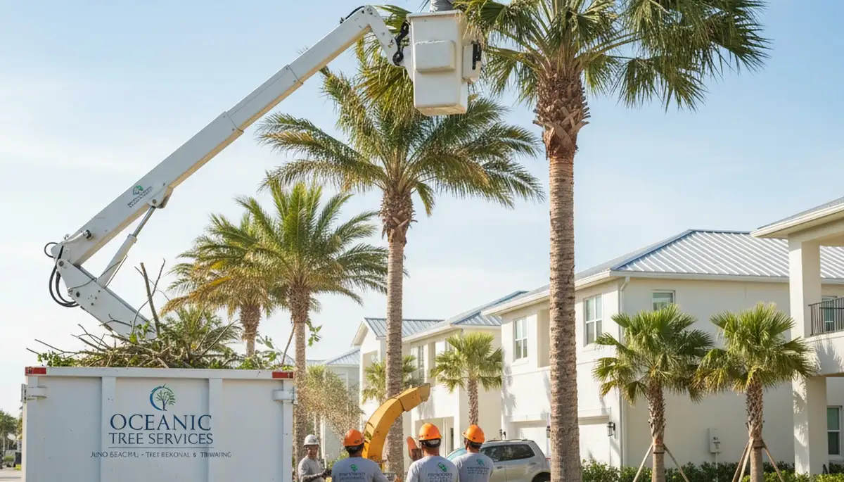 Professional tree removal service in West Palm Beach FL safely cutting large oak tree