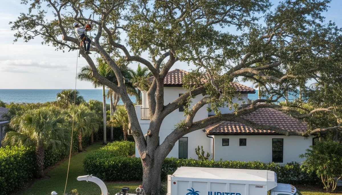 Professional tree removal service in West Palm Beach FL safely cutting large palm tree