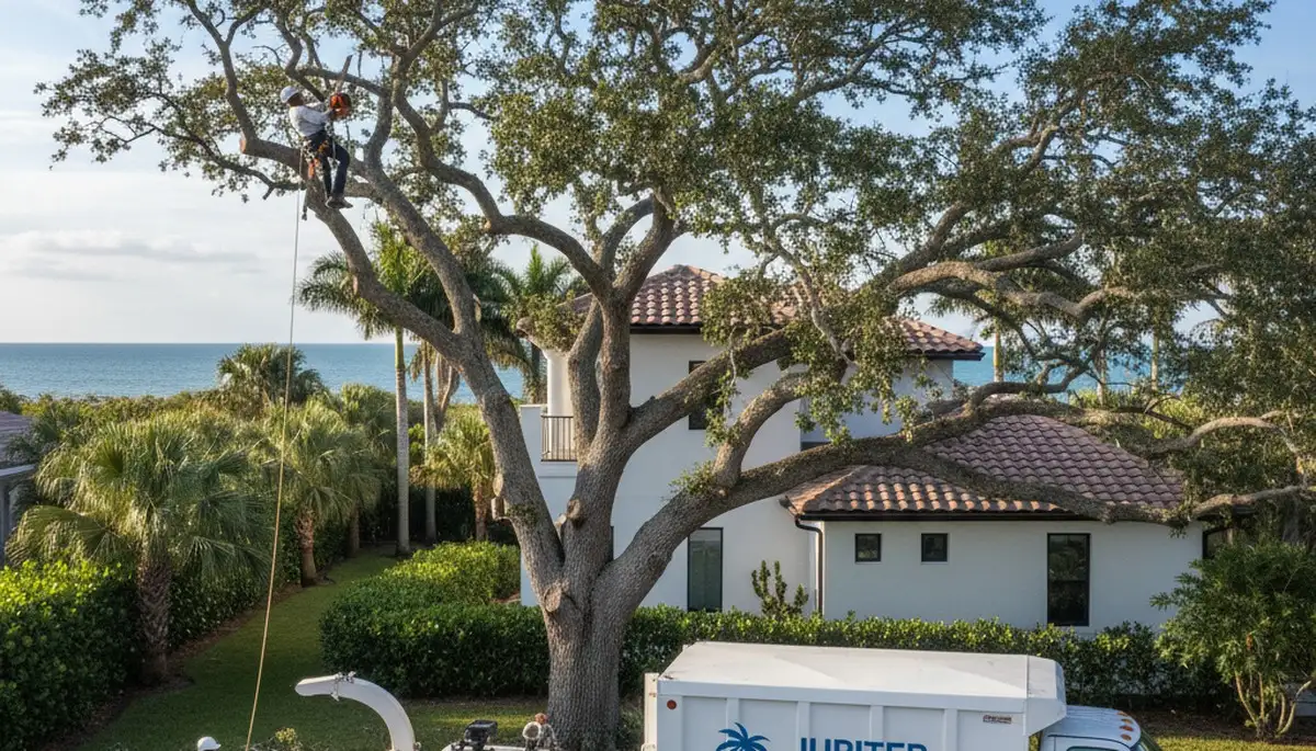 Professional tree removal service in West Palm Beach FL safely cutting large palm tree