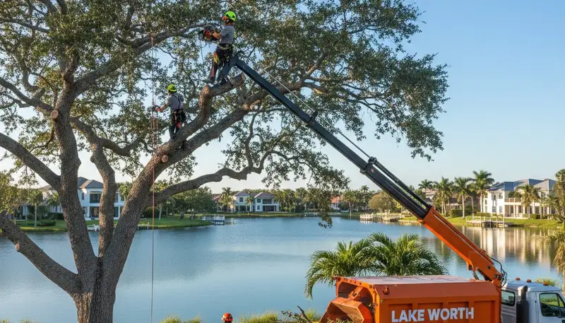 Professional tree removal service in West Palm Beach FL safely cutting large palm tree
