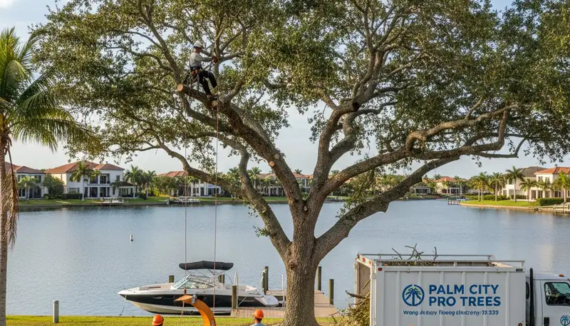 Professional tree removal service in West Palm Beach FL safely clearing large backyard tree