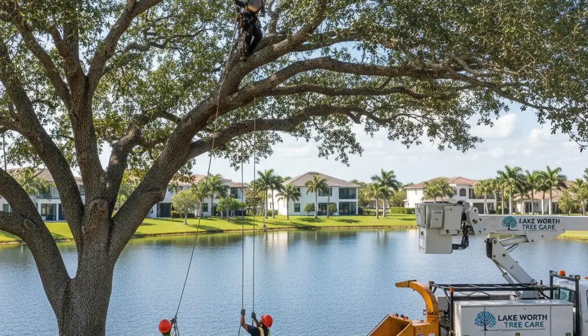 Professional tree removal service in West Palm Beach FL safely cutting tall palm trees