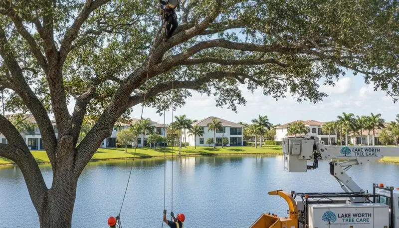 Professional tree removal service in West Palm Beach FL safely cutting tall palm trees