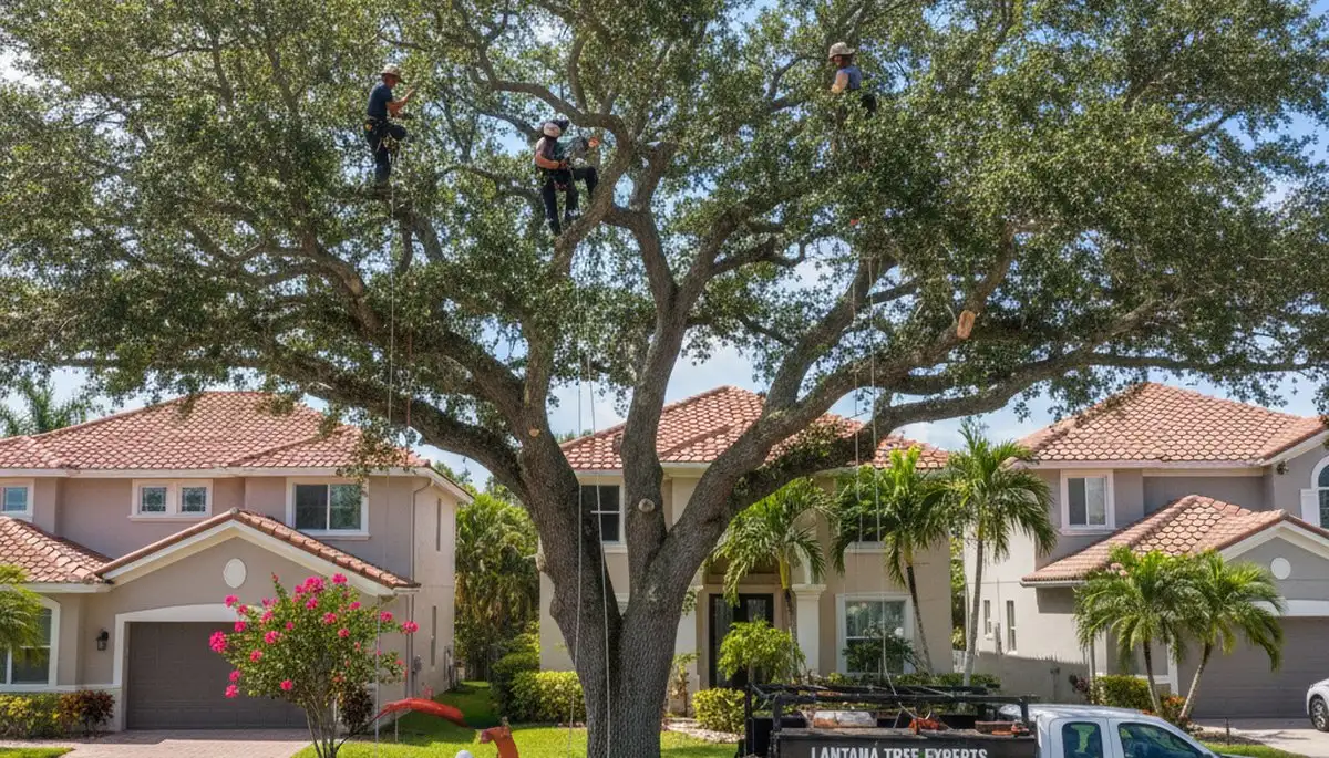 Professional tree removal service in West Palm Beach FL safely cutting large palm trees