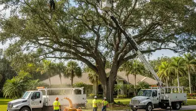 Professional tree removal service in West Palm Beach FL safely cutting large palm trees