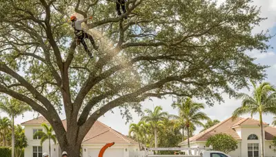 Professional tree removal service crew working in West Palm Beach FL yard