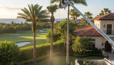 Professional tree removal service in West Palm Beach FL safely cutting large palm trees