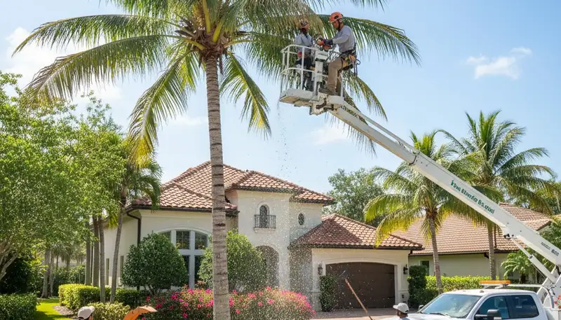 Professional tree removal service in West Palm Beach FL clearing large palm tree safely