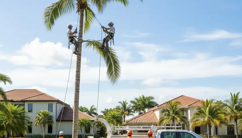 Professional tree removal service team in West Palm Beach FL clearing large oak tree safely