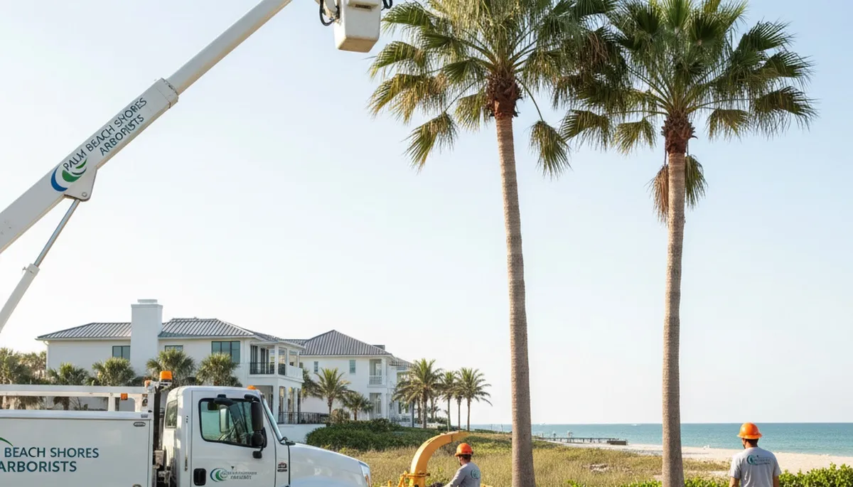 Professional tree removal service crew in West Palm Beach FL safely cutting large tree branches