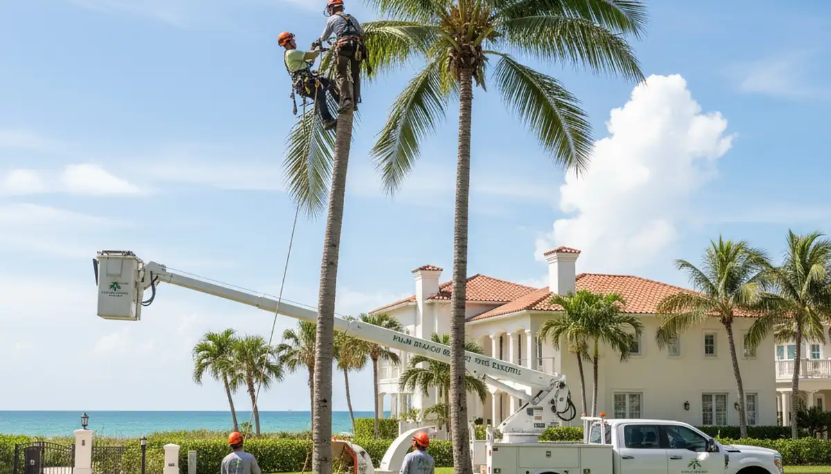 Professional tree removal service crew in West Palm Beach FL safely cutting large oak tree