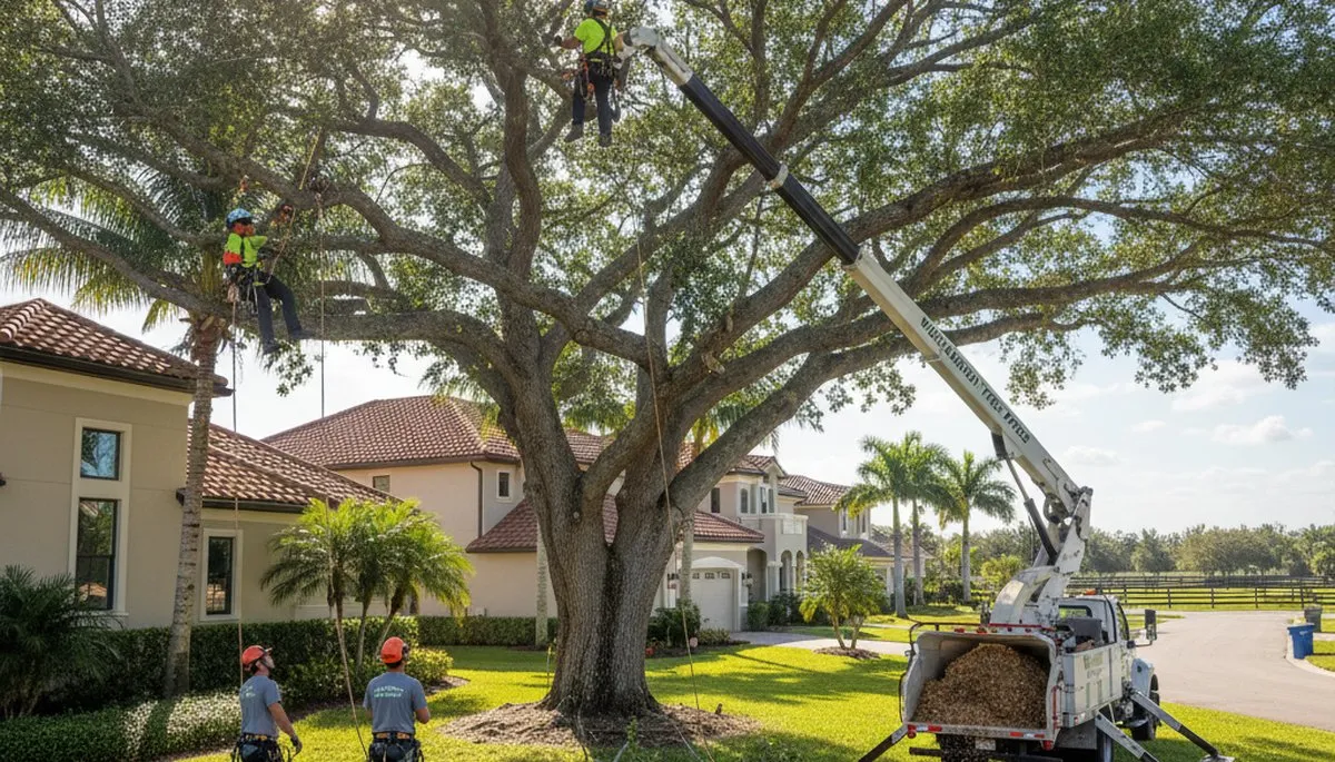 Professional tree removal service in West Palm Beach FL safely cutting large palm trees