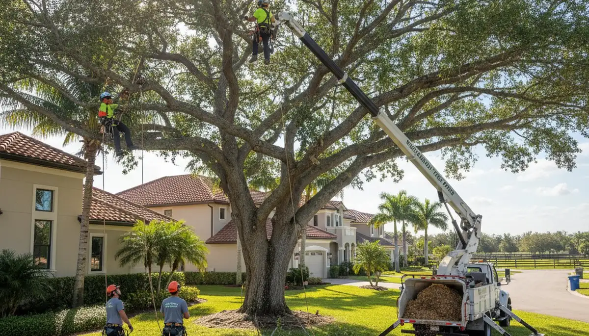 Professional tree removal service in West Palm Beach FL safely cutting large palm trees